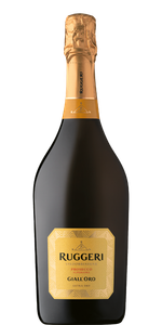 Eine elegante Flasche Ruggeri Prosecco mit goldener Kapsel und auffälligem Etikett, die für festliche Anlässe geeignet ist.