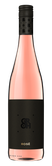 Ein ansprechendes Bild einer Roséweinflasche, die in einem minimalistischen Stil mit schwarzem Etikett und goldener Schrift gestaltet ist.
