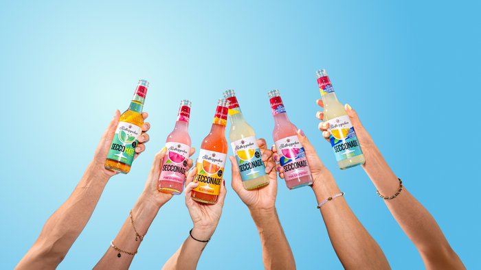 Sechs Hände halten verschiedene Flaschen der Rotkäppchen-Secconade vor einem hellblauen Hintergrund, der Frische und Sommerlaune vermittelt.