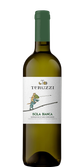 Eine Flasche Teruzzi Isola Bianca mit einem einzigartigen Etikett, das einen lustigen Charakter zeigt, der auf einem Tier reitet.