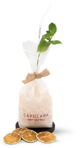 Ein ansprechend verpackter Cocktail mit einem hübschen Juteband, frischer Minze und einem eleganten Strohhalm für den Genuss.