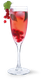 Ein schickes Glas mit einem prickelnden, pinken Cocktail, verziert mit roten Beeren und einem Blatt frischer Minze.