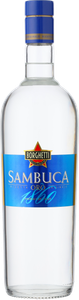 Die Flasche Sambuca zeigt ein modernes Design mit klaren Linien und einem auffälligen Etikett in Blau und Gold.