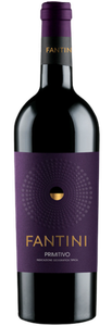 Eine elegante Weinflasche mit schwarzem Etikett und orangefarbenem Akzent, die den Namen 'Fantini' trägt.
