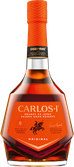 Ein edler Carlos I Brandy, der in einer kunstvoll gestalteten Flasche präsentiert wird, perfekt für besondere Anlässe und Feiern.