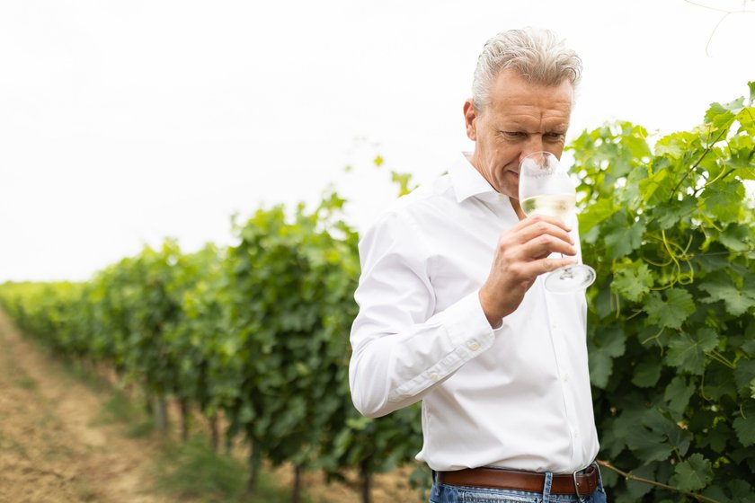 Umgeben von Weinreben, hält ein Mann ein Glas Wein und scheint den Duft des Weins zu genießen, mit einem nachdenklichen Ausdruck.