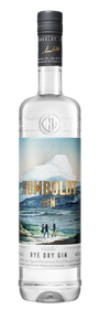 Eine elegante Flasche Humboldt Gin mit einem kunstvollen Etikett, das eine Berglandschaft und wandernde Figuren zeigt.