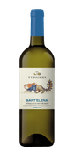 Eine Flasche Vernaccia di San Gimignano mit einem einzigartigen Etikett, das einen fantasievollen Hasen zeigt, der ein Getränk hält.