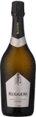 Eine elegante Flasche Prosecco mit schwarzem Etikett und silberner Schrift, die den Namen Ruggeri trägt.