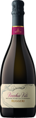 Ein stilvolles Design der Prosecco-Flasche, die mit einem purpurfarbenen Kapselverschluss und goldenen Akzenten verziert ist.
