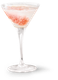 Ein Martini-Glas, gefüllt mit einem sprudelnden Getränk und rosa Früchten, das Eleganz und Genuss ausstrahlt.