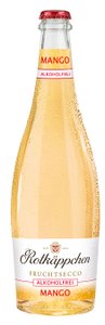 Eine Flasche Rotkäppchen Fruchtsecco mit Mango-Geschmack, die mit Blasen bedeckt ist und einen roten Kronkorken hat.