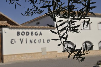Die Fassade der Bodega El Vínculo ist im Vordergrund zu sehen, umrahmt von Olivenzweigen, die sanft im Wind wehen.