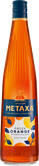 Metaxa, die originale griechische Spirituose, in einer stilvollen Flasche mit dem Schriftzug '5 Sterne' und fruchtigen Illustrationen.