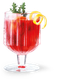 Ein kühles, rotes Getränk in einem klaren Glas, verziert mit spiralförmigen Zitronenschalen und einem Zweig Thymian für zusätzlichen Geschmack.