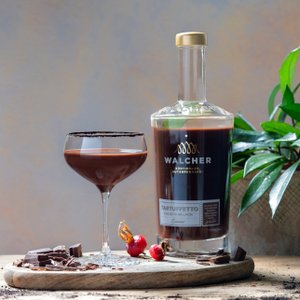 Die Szene zeigt ein Glas mit schokoladigem Likör, umgeben von Schokoladenstücken und einer dekorativen Pflanze im Hintergrund.