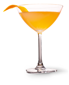 Ein elegantes Cocktailglas mit einem leuchtend orangefarbenen Getränk und einer Orangenschale als Garnitur.
