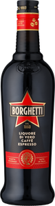 Die Flasche Borghetti, ein italienischer Espresso-Likör, zeigt ein auffälliges Design mit einer roten Sternenmarkierung und goldener Schrift.
