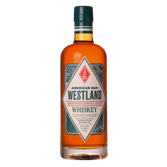 Eine Flasche Westland American Single Malt Whiskey mit einem auffälligen Etikett und einem warmen, bernsteinfarbenen Inhalt.