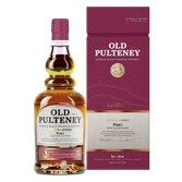 Der Old Pulteney Single Malt Whisky in einer stilvollen Flasche, umgeben von einer ansprechenden, rot-goldenen Verpackung.
