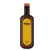 Der Whisky 'Freud' in einer eleganten Flasche, die mit einem Korken verschlossen ist und ein modernes Design aufweist.