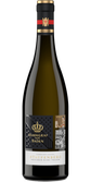 Die Flasche Wein zeigt ein kunstvolles Etikett mit einer Krone und historischen Abbildungen, ideal für besondere Anlässe.