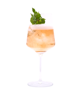 Hellgoldener, perlender Drink mit cremiger Schaumkrone und frischen Minzblättern in einem hohen Stielglas vor weißem Hintergrund.