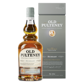 Die Flasche Old Pulteney Whisky, mit ihrem goldenen Inhalt, hebt sich vor einer stilvollen, grauen Schachtel ab.