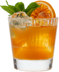 Ein erfrischender Cocktail in einem klaren Glas, garniert mit frischer Minze und einer Orangenscheibe, auf Eis serviert.