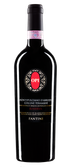 Eine elegante Flasche Montepulciano d'Abruzzo mit einem auffälligen Etikett und einem tiefen, dunklen Rotton.