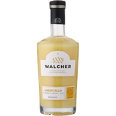 Eine Flasche Limoncello mit einer hellgelben Creme, beschriftet mit 'Walcher' und 'Zitronen Cream Likör'.