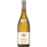 Eine elegante Flasche Chablis Wein mit einem klaren, hellen Etikett und dem Namen Pierre André, die französische Herkunft betont.