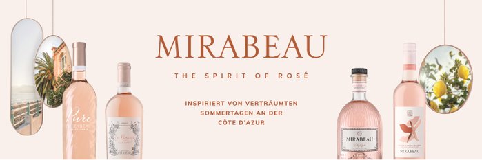 Ein stilvolles Arrangement von Mirabeau Rosé-Weinen, ergänzt durch Bilder von Palmen und Zitronen, die Urlaubsgefühle wecken.