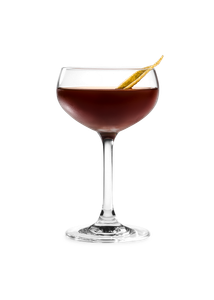 Ein elegantes Cocktailglas mit einem tiefbraunen Getränk, garniert mit einer gelben Zitrusschale.