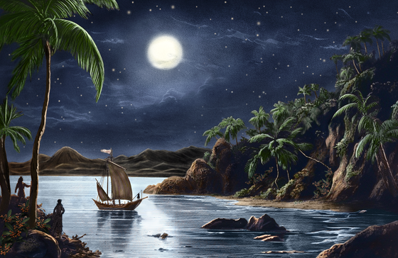 Ein Segelschiff gleitet sanft über das ruhige Wasser unter dem strahlenden Mond, umgeben von üppigen Palmen und Bergen.