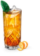 Ein stilvoller Cocktail mit Eiswürfeln, serviert in einem Kristallglas, dekoriert mit einem Minzblatt und einer Orangenschalenspirale.
