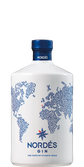Die Flasche Nordés Gin zeigt eine kreative Darstellung der Weltkarte, umgeben von einem klaren, weißen Hintergrund.