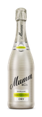 Eine elegante Flasche Mumm & Co. mit einem schimmernden, silbernen Design und dem Aufdruck 'alkoholfrei' auf dem Etikett.