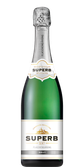 Die Flasche des 'SUPERB' Sekts zeigt ein ansprechendes Design mit einem klaren, grünen Glas und einem kunstvollen Korken.