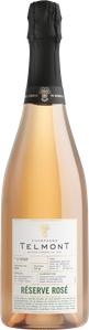 Die Flasche zeigt den luxuriösen Champagner Telmont, Reserve Rosé, mit einem sanften Farbton und einem eleganten Design.