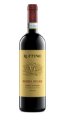 Eine elegante Flasche Chianti Classico mit einem goldenen Etikett, das eine historische Szene zeigt, steht vor schwarzem Hintergrund.