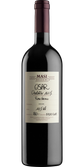 Eine elegante Flasche Rotwein mit einem tiefen, dunklen Etikett und handschriftlichen Notizen über die Traube und den Jahrgang.