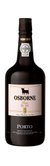Eine elegante Flasche Osborne Fine Ruby Portwein mit einem schwarzen Etikett und einem charakteristischen Stierlogo.