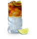 Ein kunstvoller Cocktail in einem Glas mit Kraken-Design, gefüllt mit Eis und Limettenscheiben, strahlt erfrischende Eleganz aus.