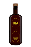 Eine elegante Whiskyflasche mit einem Holzverschluss, die den Namen 'FREUD' in goldener Schrift trägt.