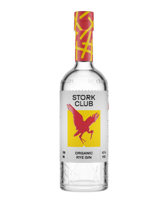 Die Flasche mit dem roten Storch-Logo hebt sich durch ihr minimalistisches Design und die leuchtenden Farben hervor.