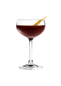 Ein elegantes Cocktailglas mit einem tiefbraunen Getränk, garniert mit einer gelben Zitrusschale.