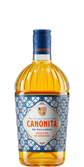 Eine Flasche Canonita Aperitivo de Naranjas mit einem auffälligen blauen und weißen Design, gefüllt mit orangefarbenem Likör.