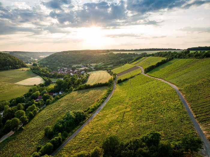 Eine malerische Landschaft mit sanften Hügeln, Weinbergen und einem kleinen Dorf, das im warmen Licht der Abendsonne liegt.