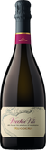 Ein stilvolles Design der Prosecco-Flasche, die mit einem purpurfarbenen Kapselverschluss und goldenen Akzenten verziert ist.